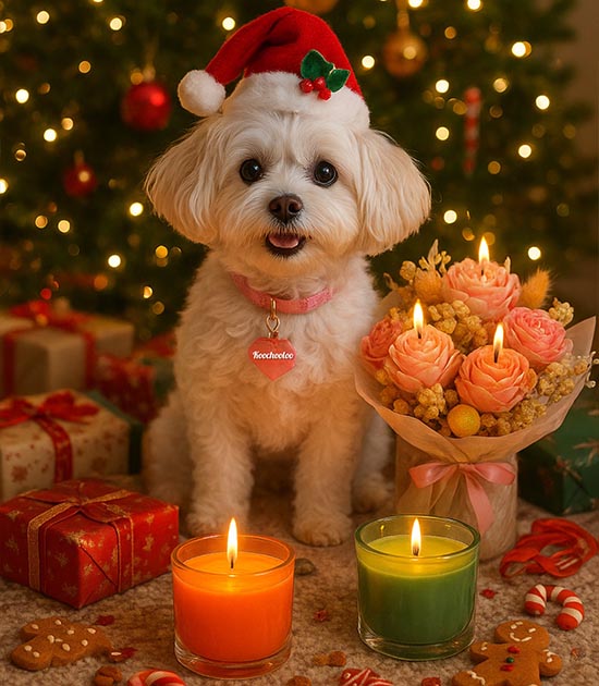 White dog wearing Santa hat by Christmas candles
