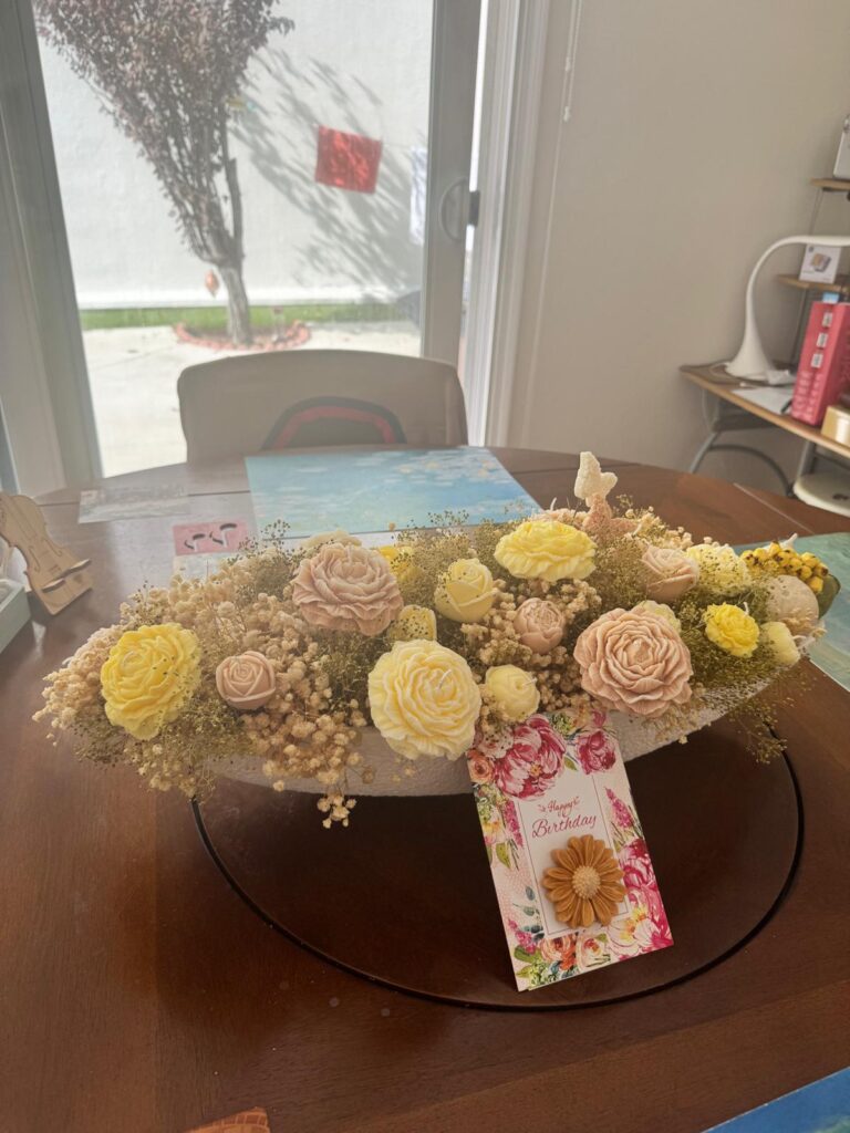 Dried flower centerpiece with birthday tag