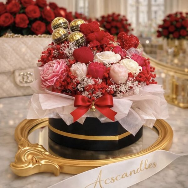 Luxury red and pink floral hatbox arrangement