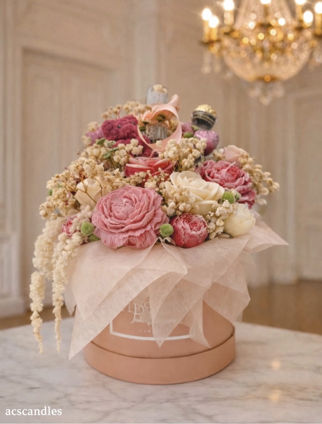 Pink and cream floral hatbox arrangement