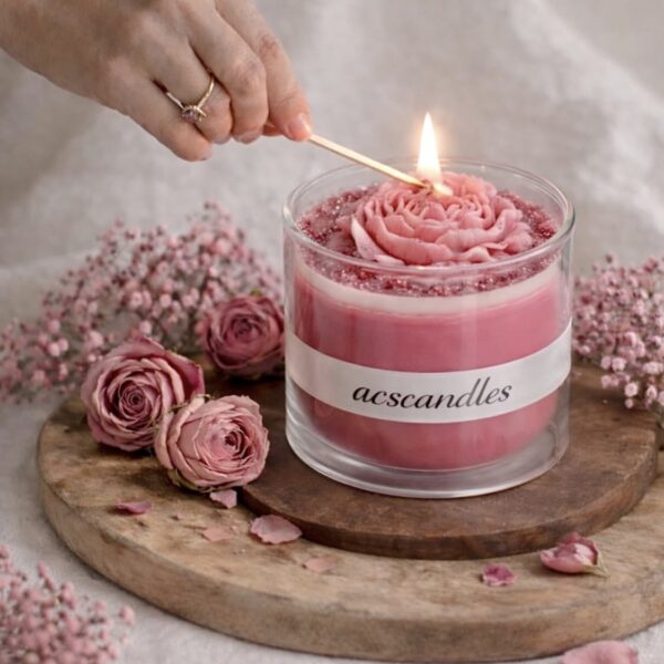 Hand lighting pink rose candle in glass jar