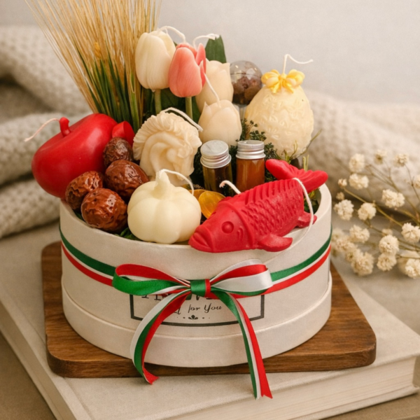 Round gift box with decorative candles and fruits