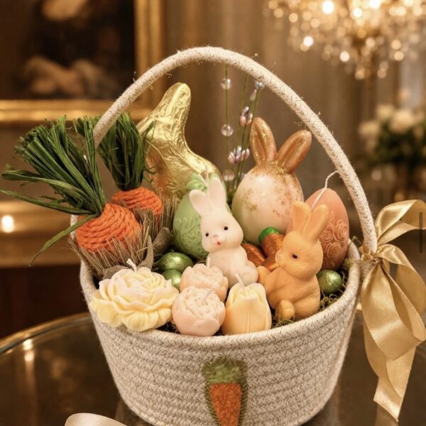 Easter gift basket with bunny candles and chocolates